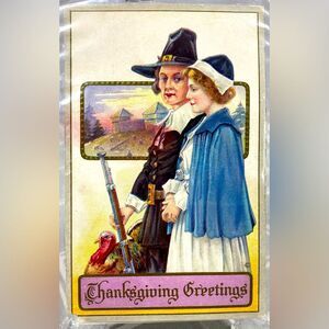 Thanksgiving Greetings Pilgrims Tom Turkey Vintage Embossed Postcard